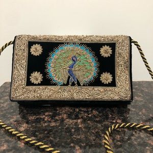 Vintage Black Velvet Peacock Beaded Cocktail Purse